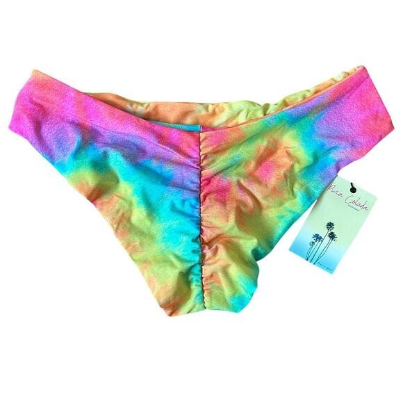 NWT Rainbow Tie Dye Gathered Cheeky Hipster Bikini BOTTOM in MEDIUM Pina Colada - Picture 2 of 8